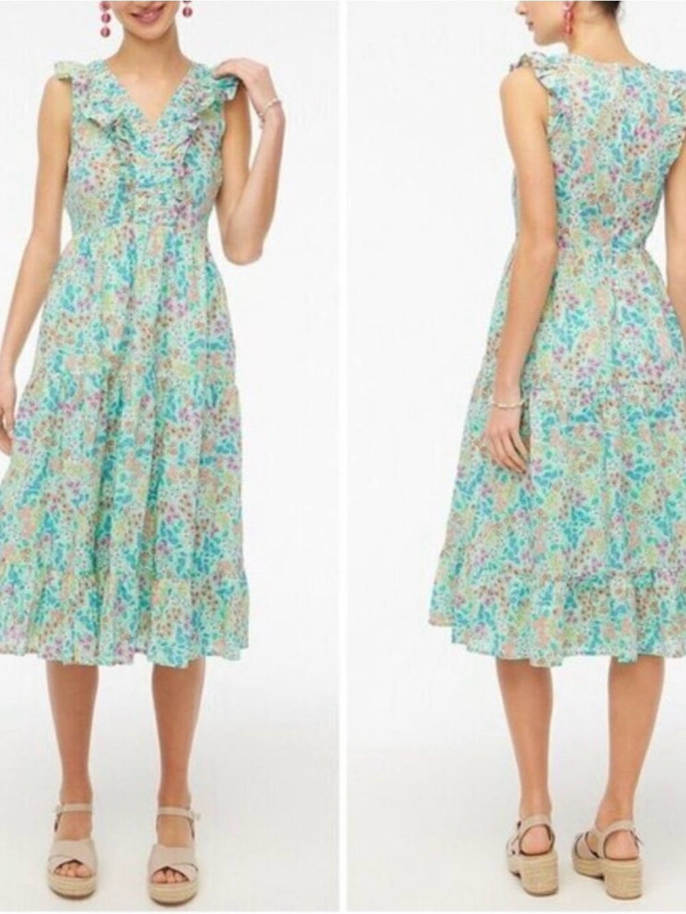 J. Crew Factory Floral Ruffle Midi Dress in Teal and Pink
